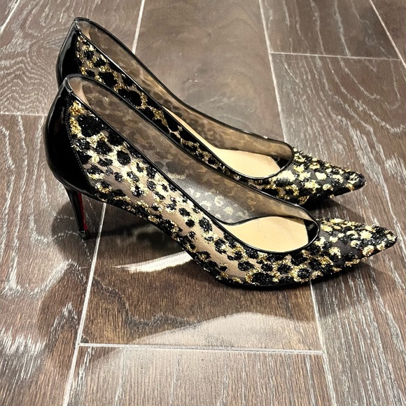 Christian Louboutin Black Gold Lace 85 Chiffon Leopard Pumps - Picture 5 of 5